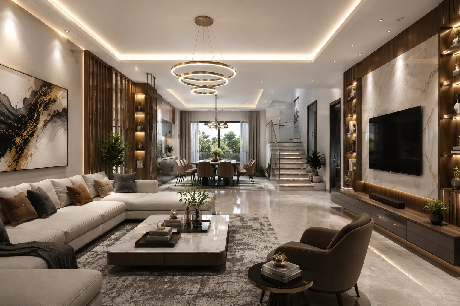 Photorealistic 3D architectural walkthrough visualization of a modern luxury home featuring an open-concept living room, dining area, premium finishes, ambient lighting, marble accents, and contemporary interior design.